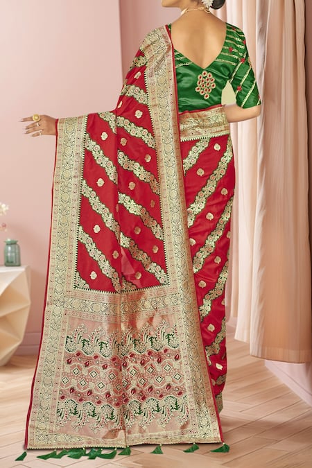 Shop Naintara Bajaj Red Georgette, Silk Embroidery, Sequins Round Floral Woven Saree With Blouse at Aza Fashions Shop_Naintara Bajaj_Red Georgette, Silk Embroidery, Sequins Round Floral Woven Saree With Blouse _at_Aza_Fashions