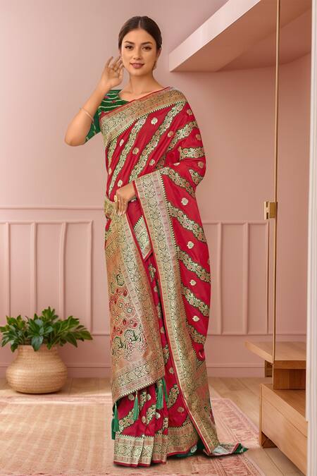 Naintara Bajaj Red Georgette, Silk Embroidery, Sequins Round Floral Woven Saree With Blouse Online at Aza Fashions Naintara Bajaj_Red Georgette, Silk Embroidery, Sequins Round Floral Woven Saree With Blouse _Online_at_Aza_Fashions