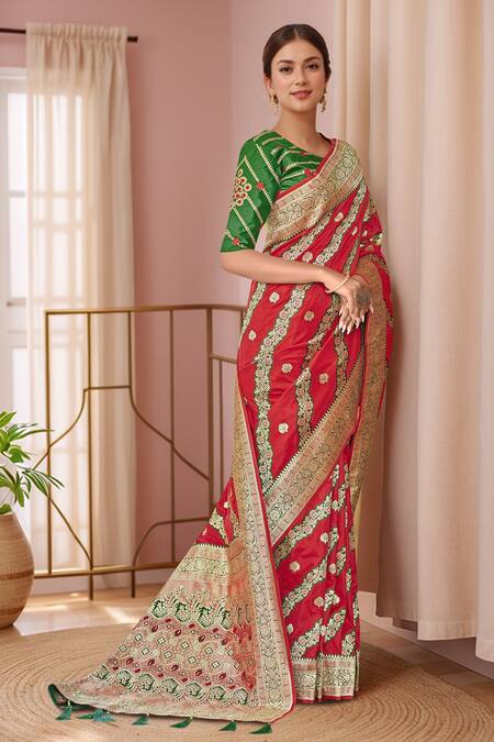 Shop Naintara Bajaj Red Georgette, Silk Embroidery, Sequins Round Floral Woven Saree With Blouse Online at Aza Fashions Shop_Naintara Bajaj_Red Georgette, Silk Embroidery, Sequins Round Floral Woven Saree With Blouse _Online_at_Aza_Fashions