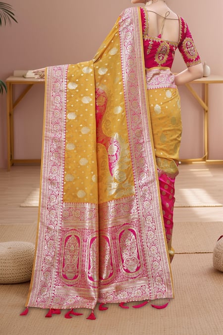 Shop Naintara Bajaj Pink Silk Embroidery Round Neck Yellow Banarasi Floral Woven Saree And Blouse at Aza Fashions Shop_Naintara Bajaj_Pink Silk Embroidery Round Neck Yellow Banarasi Floral Woven Saree And Blouse _at_Aza_Fashions