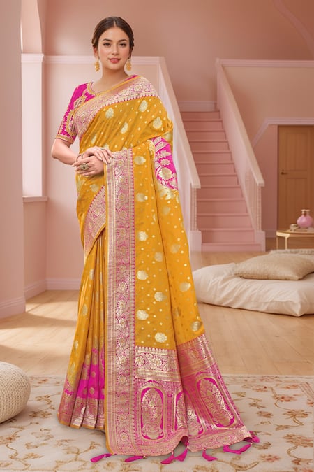 Naintara Bajaj Pink Silk Embroidery Round Neck Yellow Banarasi Floral Woven Saree And Blouse Online at Aza Fashions Naintara Bajaj_Pink Silk Embroidery Round Neck Yellow Banarasi Floral Woven Saree And Blouse _Online_at_Aza_Fashions