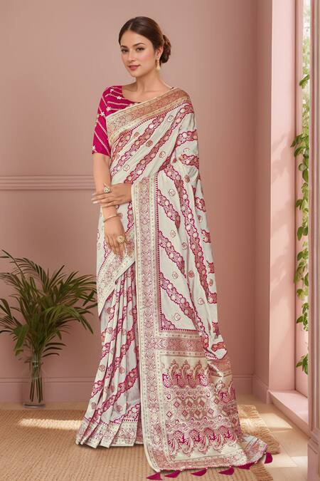 Naintara Bajaj White Georgette, Silk Embroidery, Sequins Floral Geometric Woven Saree And Blouse Online at Aza Fashions Naintara Bajaj_White Georgette, Silk Embroidery, Sequins Floral Geometric Woven Saree And Blouse _Online_at_Aza_Fashions