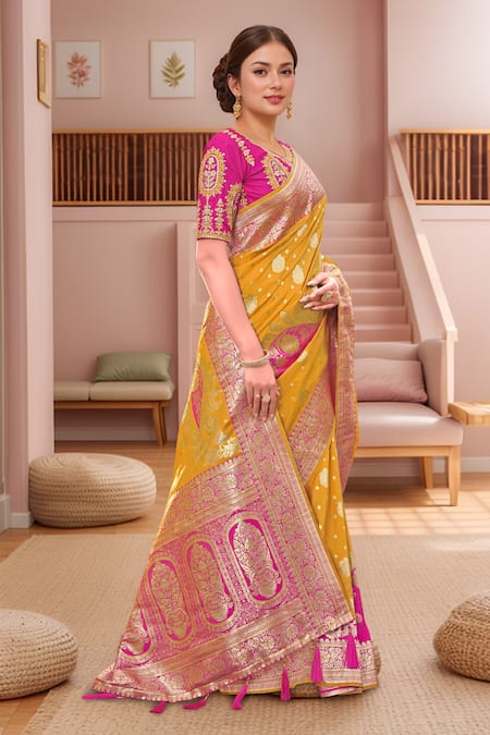 Buy Naintara Bajaj Pink Silk Embroidery Round Neck Yellow Banarasi Floral Woven Saree And Blouse Online at Aza Fashions Buy_Naintara Bajaj_Pink Silk Embroidery Round Neck Yellow Banarasi Floral Woven Saree And Blouse _Online_at_Aza_Fashions