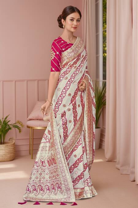 Shop Naintara Bajaj White Georgette, Silk Embroidery, Sequins Floral Geometric Woven Saree And Blouse Online at Aza Fashions Shop_Naintara Bajaj_White Georgette, Silk Embroidery, Sequins Floral Geometric Woven Saree And Blouse _Online_at_Aza_Fashions