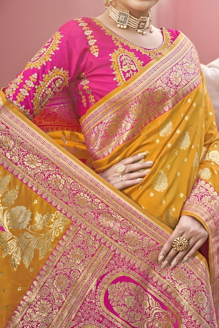 Shop Naintara Bajaj Pink Silk Embroidery Round Neck Yellow Banarasi Floral Woven Saree And Blouse Online at Aza Fashions Shop_Naintara Bajaj_Pink Silk Embroidery Round Neck Yellow Banarasi Floral Woven Saree And Blouse _Online_at_Aza_Fashions