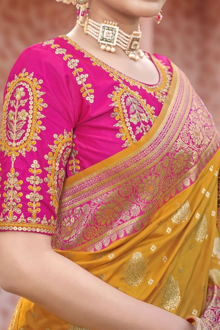 Naintara Bajaj Pink Silk Embroidery Round Neck Yellow Banarasi Floral Woven Saree And Blouse at Aza Fashions Naintara Bajaj_Pink Silk Embroidery Round Neck Yellow Banarasi Floral Woven Saree And Blouse _at_Aza_Fashions