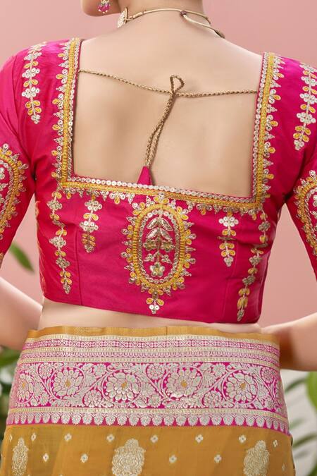 Shop Naintara Bajaj Pink Silk Embroidery Round Neck Yellow Banarasi Floral Woven Saree And Blouse Shop_Naintara Bajaj_Pink Silk Embroidery Round Neck Yellow Banarasi Floral Woven Saree And Blouse