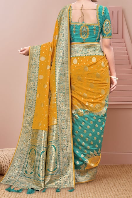 Shop Naintara Bajaj Green Silk Sequins, Embroidery Round Neck Floral Woven Saree And Blouse at Aza Fashions Shop_Naintara Bajaj_Green Silk Sequins, Embroidery Round Neck Floral Woven Saree And Blouse _at_Aza_Fashions