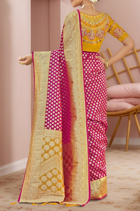 Shop_Naintara Bajaj_Pink Georgette, Silk Embroidery, Sequins Round Neck Floral Woven Saree And Blouse _at_Aza_Fashions