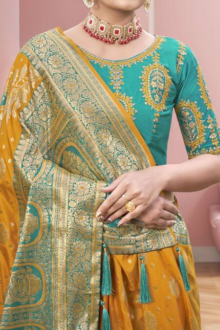Shop Naintara Bajaj Green Silk Sequins, Embroidery Round Neck Floral Woven Saree And Blouse Online at Aza Fashions Shop_Naintara Bajaj_Green Silk Sequins, Embroidery Round Neck Floral Woven Saree And Blouse _Online_at_Aza_Fashions