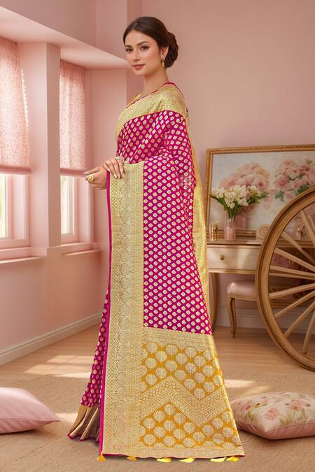 Naintara Bajaj_Pink Georgette, Silk Embroidery, Sequins Round Neck Floral Woven Saree And Blouse _Online_at_Aza_Fashions