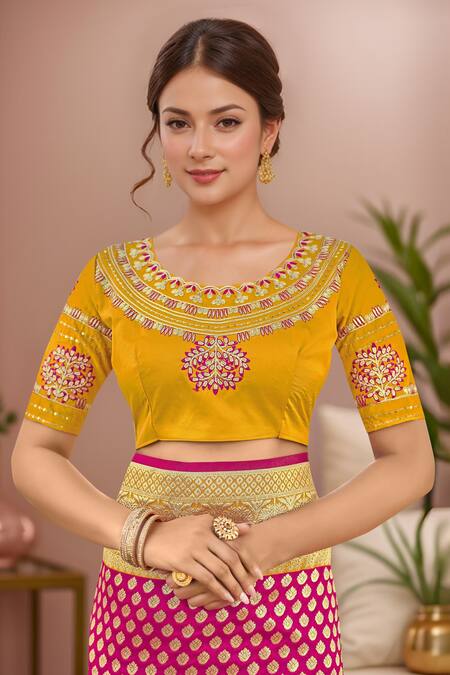 Shop_Naintara Bajaj_Pink Georgette, Silk Embroidery, Sequins Round Neck Floral Woven Saree And Blouse _Online_at_Aza_Fashions