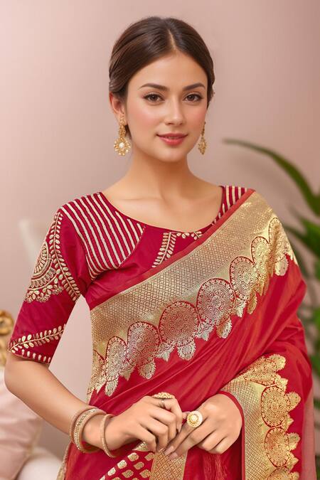 Shop_Naintara Bajaj_Red Georgette, Silk Embroidery, Sequins Floral Paisley Woven Banarasi Saree _Online_at_Aza_Fashions