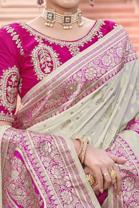 Shop_Naintara Bajaj_Pink Silk Embroidery, Zari Round Neck Floral Woven Banarasi Saree And Blouse _Online_at_Aza_Fashions