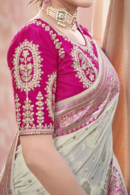 Naintara Bajaj_Pink Silk Embroidery, Zari Round Neck Floral Woven Banarasi Saree And Blouse _at_Aza_Fashions