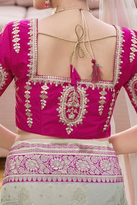 Shop_Naintara Bajaj_Pink Silk Embroidery, Zari Round Neck Floral Woven Banarasi Saree And Blouse 