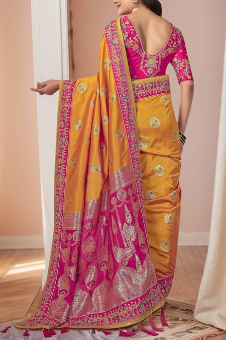 Shop_Naintara Bajaj_Yellow Georgette, Silk Embroidery, Zari, Sequins Palatial Floral Woven Saree Set _at_Aza_Fashions