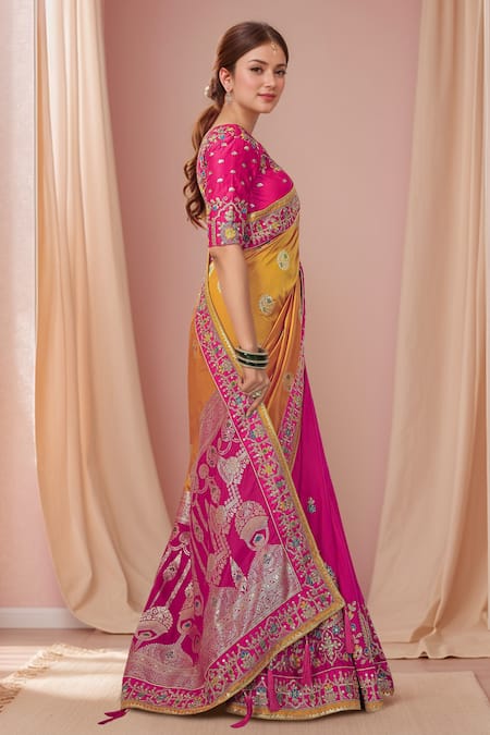 Naintara Bajaj_Yellow Georgette, Silk Embroidery, Zari, Sequins Palatial Floral Woven Saree Set _Online_at_Aza_Fashions