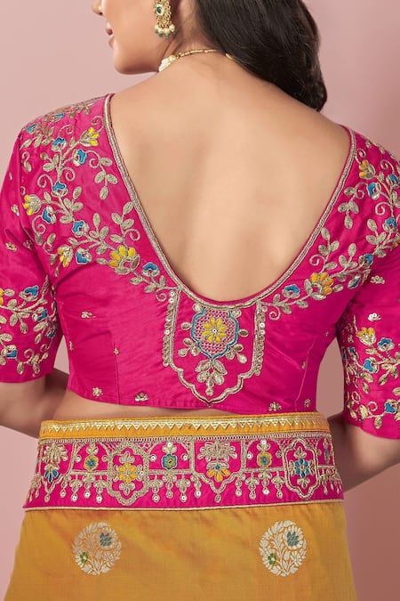 Buy_Naintara Bajaj_Yellow Georgette, Silk Embroidery, Zari, Sequins Palatial Floral Woven Saree Set _Online_at_Aza_Fashions