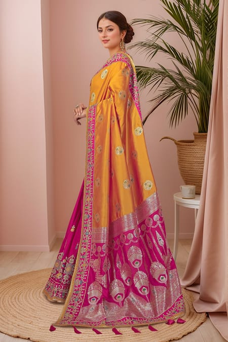 Shop_Naintara Bajaj_Yellow Georgette, Silk Embroidery, Zari, Sequins Palatial Floral Woven Saree Set 