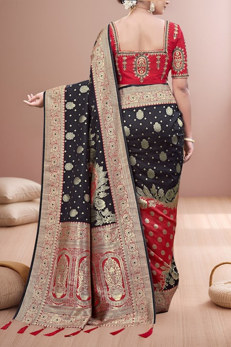 Shop Naintara Bajaj Red Silk Embroidery, Zari Round Neck Black Floral Woven Banarasi Saree Set at Aza Fashions Shop_Naintara Bajaj_Red Silk Embroidery, Zari Round Neck Black Floral Woven Banarasi Saree Set _at_Aza_Fashions