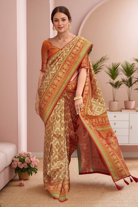 Naintara Bajaj Orange , Satin Embroidery, Tassels Abstract Woven Saree With Blouse Online at Aza Fashions Naintara Bajaj_Orange , Satin Embroidery, Tassels Abstract Woven Saree With Blouse _Online_at_Aza_Fashions