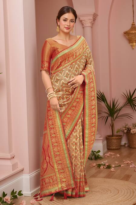 Buy Naintara Bajaj Orange , Satin Embroidery, Tassels Abstract Woven Saree With Blouse Buy_Naintara Bajaj_Orange , Satin Embroidery, Tassels Abstract Woven Saree With Blouse