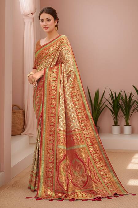 Shop Naintara Bajaj Orange , Satin Embroidery, Tassels Abstract Woven Saree With Blouse Shop_Naintara Bajaj_Orange , Satin Embroidery, Tassels Abstract Woven Saree With Blouse