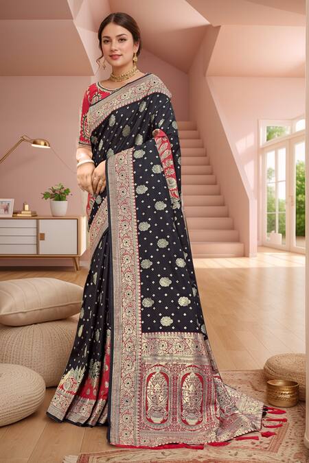 Naintara Bajaj Red Silk Embroidery, Zari Round Neck Black Floral Woven Banarasi Saree Set Online at Aza Fashions Naintara Bajaj_Red Silk Embroidery, Zari Round Neck Black Floral Woven Banarasi Saree Set _Online_at_Aza_Fashions