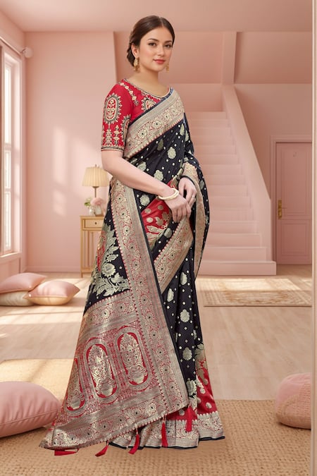 Buy Naintara Bajaj Red Silk Embroidery, Zari Round Neck Black Floral Woven Banarasi Saree Set Online at Aza Fashions Buy_Naintara Bajaj_Red Silk Embroidery, Zari Round Neck Black Floral Woven Banarasi Saree Set _Online_at_Aza_Fashions