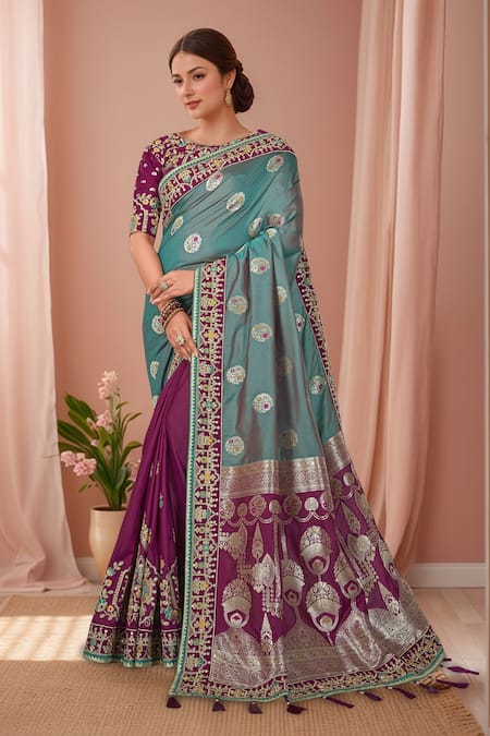 Buy Naintara Bajaj Purple Silk, Georgette Embroidery, Zari Boat Floral Chandelier Woven Saree Set at Aza Fashions Buy_Naintara Bajaj_Purple Silk, Georgette Embroidery, Zari Boat Floral Chandelier Woven Saree Set _at_Aza_Fashions
