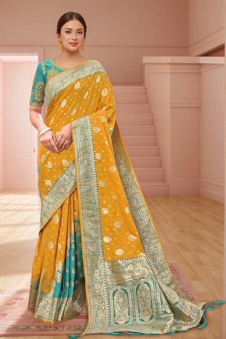 Shop Naintara Bajaj Green Silk Sequins, Embroidery Round Neck Floral Woven Saree And Blouse Shop_Naintara Bajaj_Green Silk Sequins, Embroidery Round Neck Floral Woven Saree And Blouse