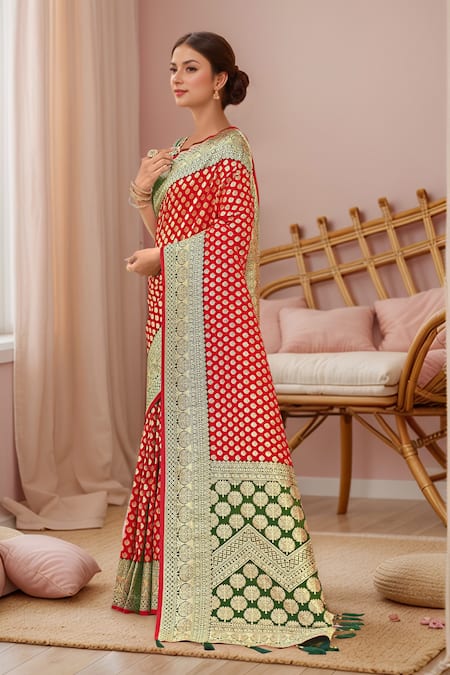 Naintara Bajaj_Red Georgette, Silk Embroidery, Sequins Round Floral Woven Banarasi Saree Set _Online_at_Aza_Fashions