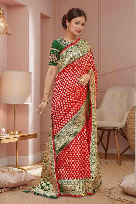 Buy_Naintara Bajaj_Red Georgette, Silk Embroidery, Sequins Round Floral Woven Banarasi Saree Set _Online_at_Aza_Fashions