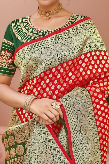 Shop_Naintara Bajaj_Red Georgette, Silk Embroidery, Sequins Round Floral Woven Banarasi Saree Set _Online_at_Aza_Fashions