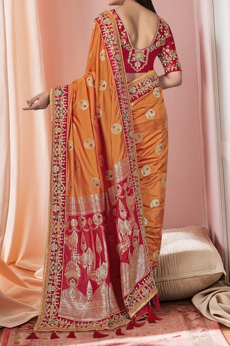 Shop_Naintara Bajaj_Red , Satin Sequins, Embroidery, Floral Butta Woven Saree And Blouse Set _at_Aza_Fashions