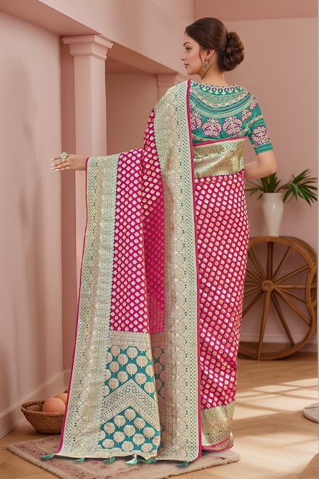 Shop_Naintara Bajaj_Pink Georgette, Silk Embroidery, Sequins Floral Butti Woven Saree And Blouse _at_Aza_Fashions