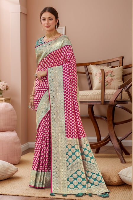 Naintara Bajaj_Pink Georgette, Silk Embroidery, Sequins Floral Butti Woven Saree And Blouse _Online_at_Aza_Fashions