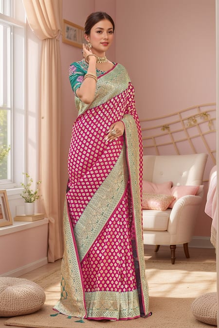 Buy_Naintara Bajaj_Pink Georgette, Silk Embroidery, Sequins Floral Butti Woven Saree And Blouse _Online_at_Aza_Fashions