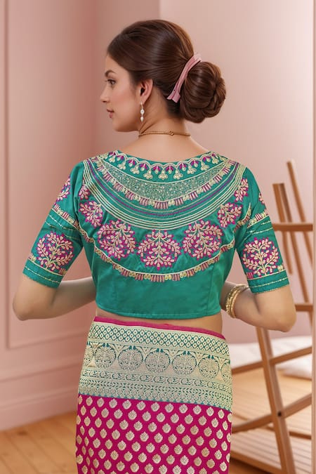 Shop_Naintara Bajaj_Pink Georgette, Silk Embroidery, Sequins Floral Butti Woven Saree And Blouse _Online_at_Aza_Fashions