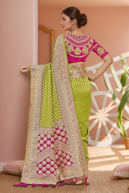 Shop_Naintara Bajaj_Green Georgette, Silk Embroidery, Floral Woven Butti Pattern Saree And Blouse _at_Aza_Fashions