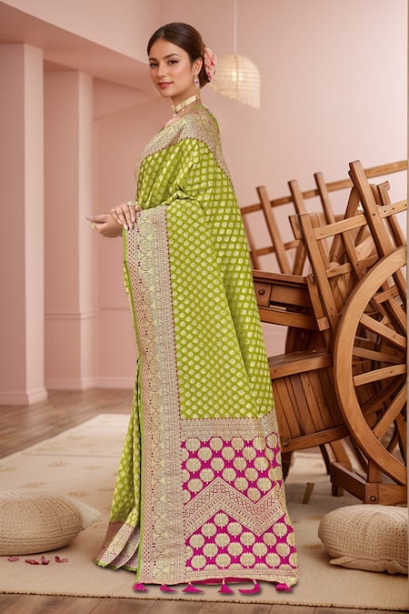 Naintara Bajaj_Green Georgette, Silk Embroidery, Floral Woven Butti Pattern Saree And Blouse _Online_at_Aza_Fashions