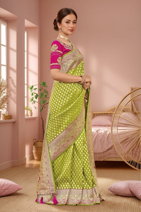 Buy_Naintara Bajaj_Green Georgette, Silk Embroidery, Floral Woven Butti Pattern Saree And Blouse _Online_at_Aza_Fashions