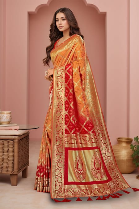 Shop_Naintara Bajaj_Yellow Silk Embroidery Asymmetric Floral Geometric Woven Saree And Blouse _Online_at_Aza_Fashions