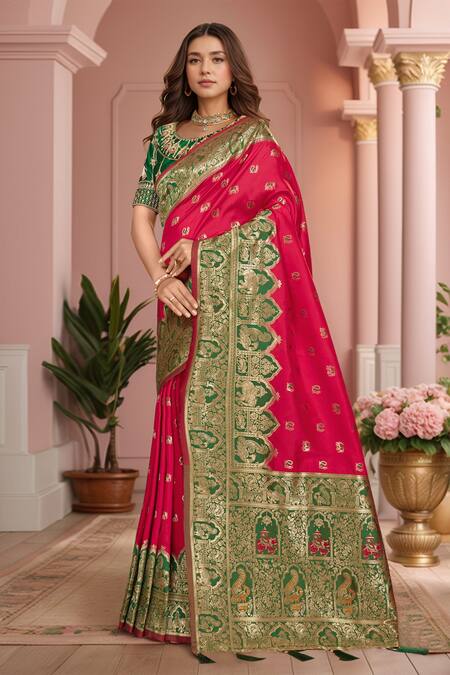 Samyukta Singhania_Pink Silk Embroidery, Sequins Round Neck Palatial Pattern Woven Saree And Blouse_Online_at_Aza_Fashions