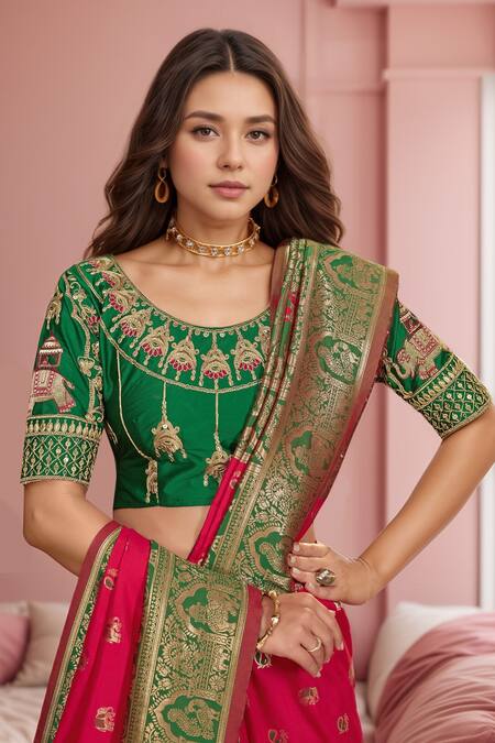 Shop_Samyukta Singhania_Pink Silk Embroidery, Sequins Round Neck Palatial Pattern Woven Saree And Blouse_Online_at_Aza_Fashions