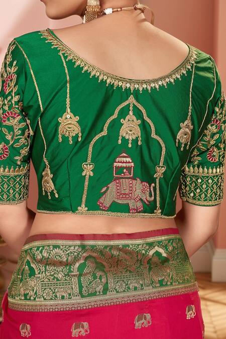 Samyukta Singhania_Pink Silk Embroidery, Sequins Round Neck Palatial Pattern Woven Saree And Blouse_at_Aza_Fashions