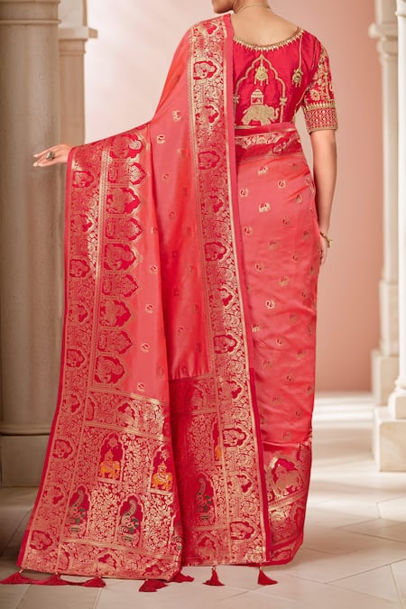 Shop Naintara Bajaj Red , Organza Sequins, Palatial Woven Pink Saree And Blouse Set at Aza Fashions Shop_Naintara Bajaj_Red , Organza Sequins, Palatial Woven Pink Saree And Blouse Set_at_Aza_Fashions