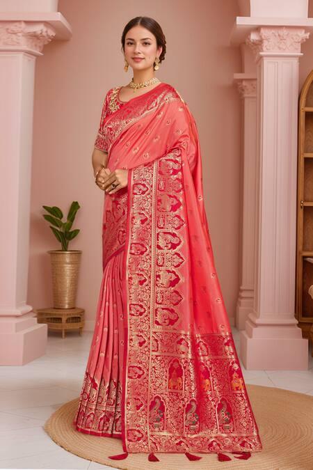 Naintara Bajaj Red , Organza Sequins, Palatial Woven Pink Saree And Blouse Set Online at Aza Fashions Naintara Bajaj_Red , Organza Sequins, Palatial Woven Pink Saree And Blouse Set_Online_at_Aza_Fashions