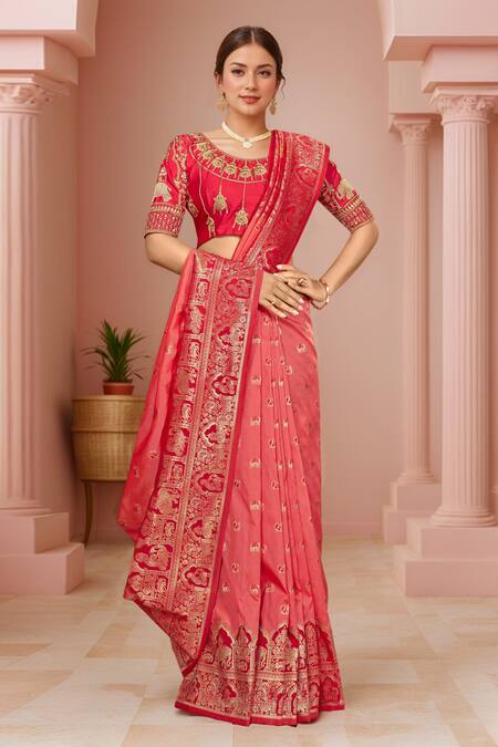 Buy Naintara Bajaj Red , Organza Sequins, Palatial Woven Pink Saree And Blouse Set Online at Aza Fashions Buy_Naintara Bajaj_Red , Organza Sequins, Palatial Woven Pink Saree And Blouse Set_Online_at_Aza_Fashions